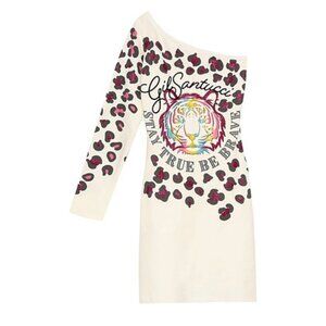 NWT Gil Santucci M L Mini Dress One Shoulder Sheath Stretch Jersey Tiger Ivory